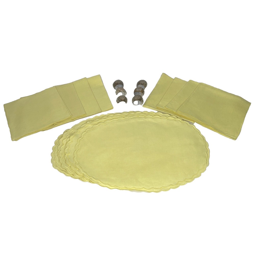 Linen Placemats and Napkins 8 ea.) w/6 Shell Napkin Rings Vtg Cottagecore Boho